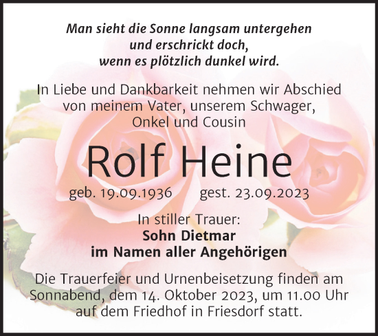 Traueranzeige von Rolf Heine von Trauerkombi Mansfelder Land
