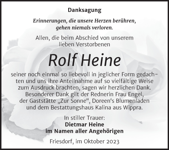 Traueranzeige von Rolf Heine von Trauerkombi Mansfelder Land