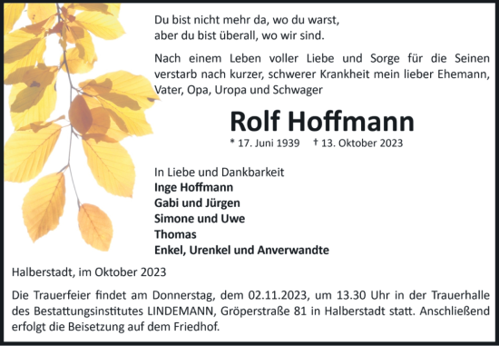 Traueranzeige von Rolf Hoffmann von Volksstimme Halberstadt