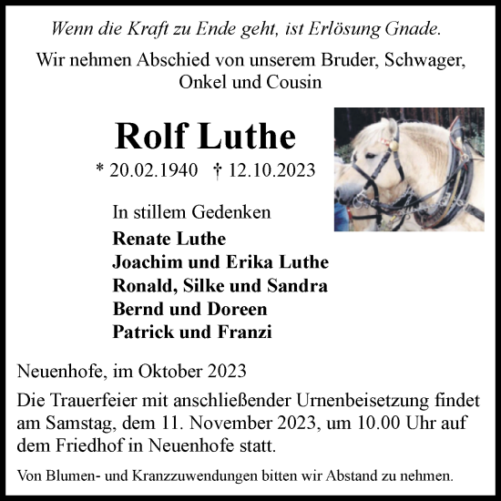 Traueranzeige von Rolf Luthe von Volksstimme Haldensleben/Wolmirstedt