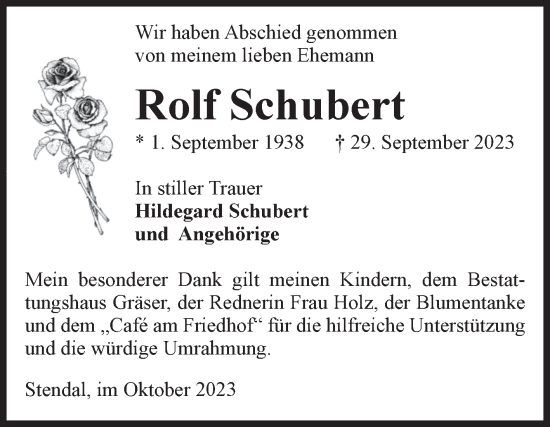 Traueranzeige von Rolf Schubert von Volksstimme Altmark Ost