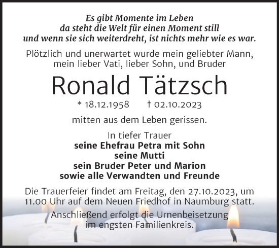 Traueranzeige von Ronald Tätzsch von Wochenspiegel Naumburg/Nebra