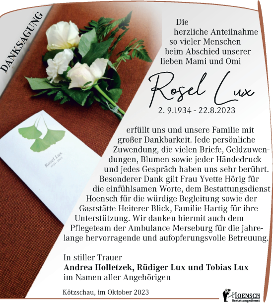 Traueranzeige von Rosel Lux von Trauerkombi Merseburg