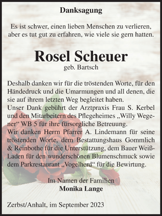 Traueranzeige von Rosel Scheuer von Volksstimme Zerbst