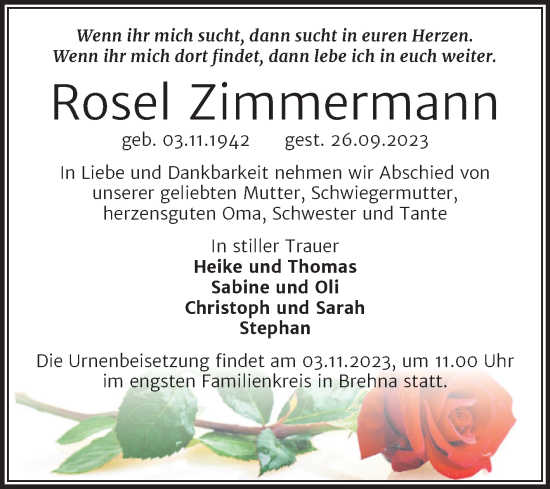 Traueranzeige von Rosel Zimmermann von Trauerkombi Bitterfeld