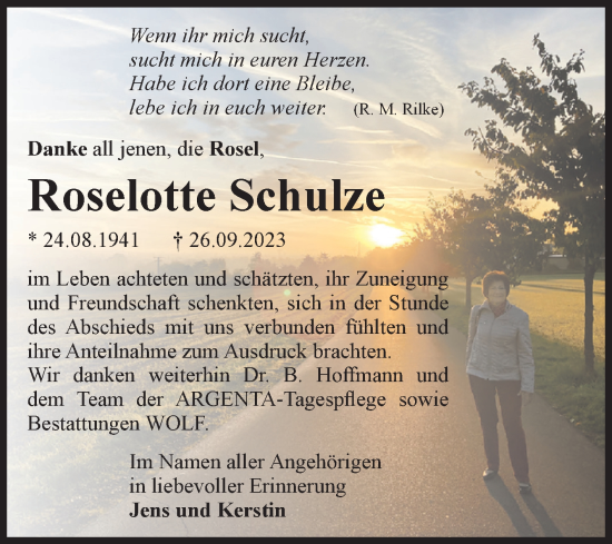 Traueranzeige von Roselotte Schulze von Volksstimme Wernigerode