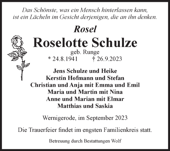 Traueranzeige von Roselotte Schulze von Volksstimme Wernigerode