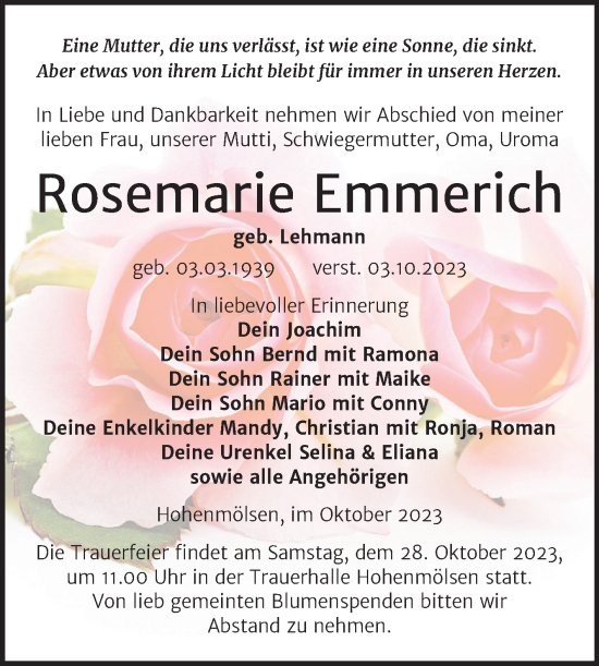 Traueranzeige von Rosemarie Emmerich von Trauerkombi Weißenfels