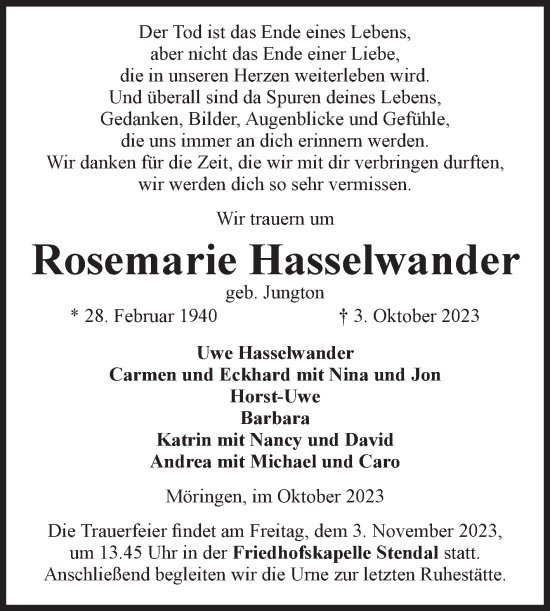 Traueranzeige von Rosemarie Hasselwander von Volksstimme Altmark Ost