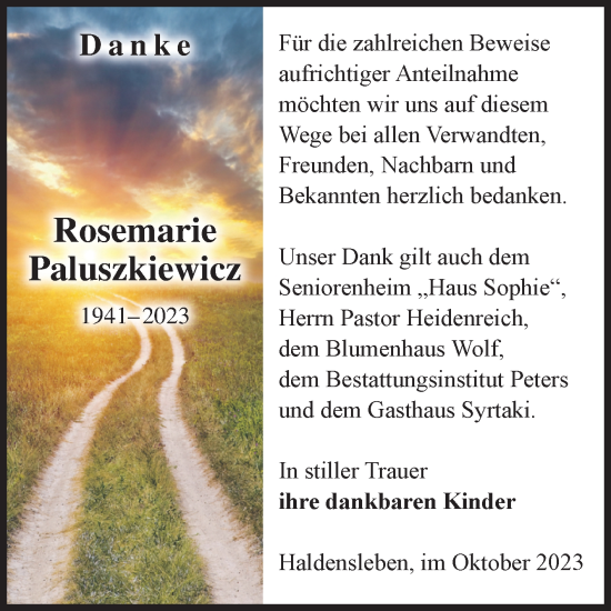 Traueranzeige von Rosemarie Paluszkiewicz von Volksstimme Haldensleben/Wolmirstedt