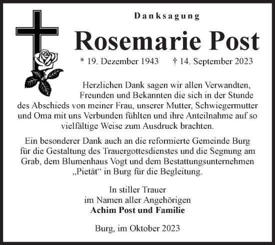 Traueranzeige von Rosemarie Post von Volksstimme Burg/Genthin