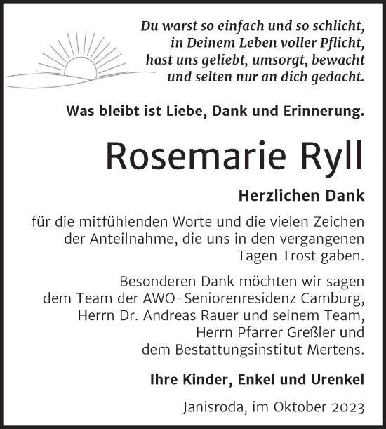 Traueranzeige von Rosemarie Ryll von Wochenspiegel Naumburg/Nebra
