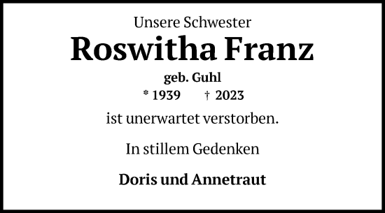 Traueranzeige von Roswitha Franz von Volksstimme Magdeburg
