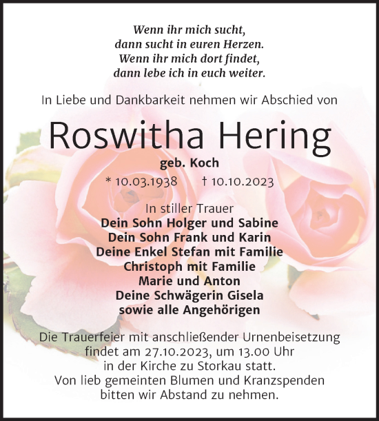 Traueranzeige von Roswitha Hering von Trauerkombi Weißenfels