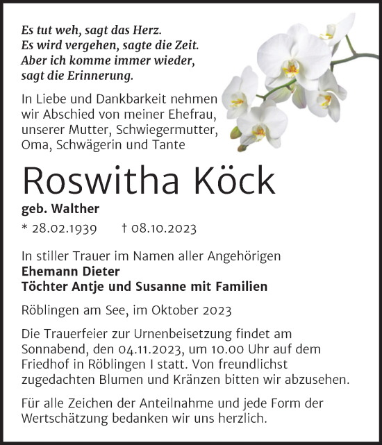 Traueranzeige von Roswitha Köck von Trauerkombi Mansfelder Land