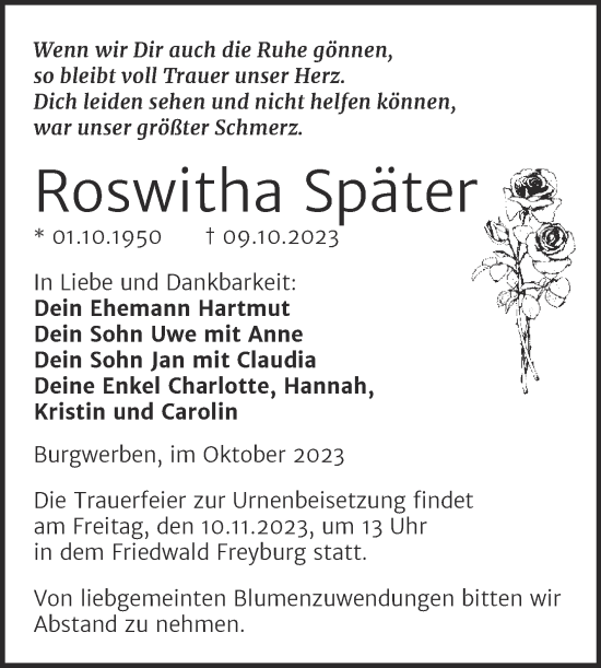 Traueranzeige von Roswitha Später von Trauerkombi Weißenfels