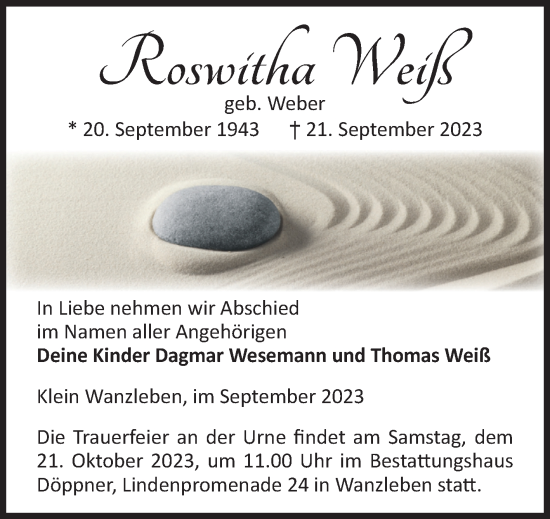 Traueranzeige von Roswitha Weiß von Volksstimme Oschersleben/Wanzleben