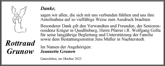 Traueranzeige von Rottraud Grunow von Trauerkombi Aschersleben