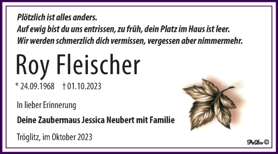 Traueranzeige von Roy Fleischer von Trauerkombi Zeitz