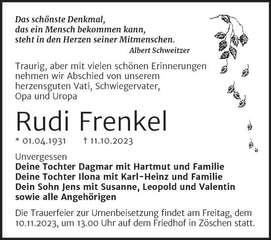 Traueranzeige von Rudi Frenkel von Trauerkombi Merseburg