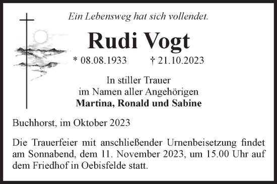 Traueranzeige von Rudi Vogt von Volksstimme Altmark West