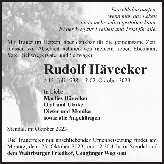 Traueranzeige von Rudolf Hävecker von Volksstimme Altmark Ost