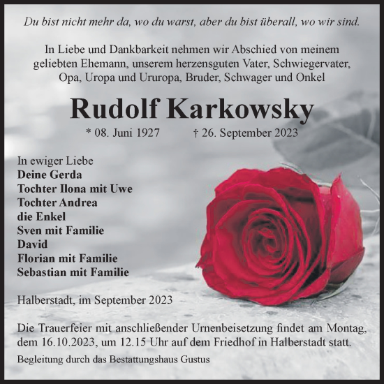 Traueranzeige von Rudolf Karkowsky von Volksstimme Halberstadt