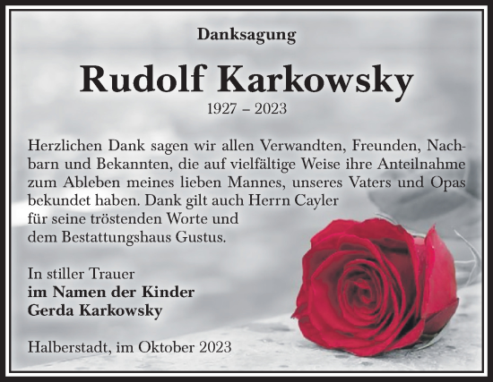 Traueranzeige von Rudolf Karkowsky von Volksstimme Halberstadt