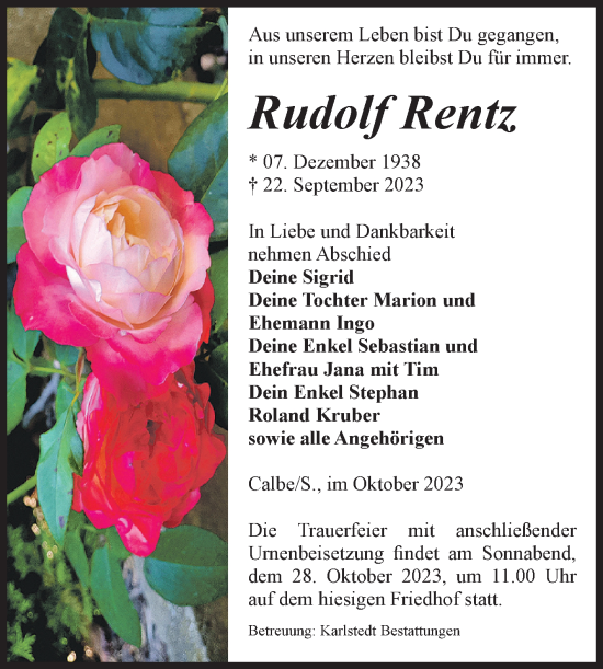 Traueranzeige von Rudolf Rentz von Volksstimme Schönebeck