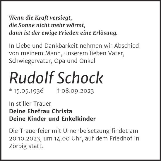 Traueranzeige von Rudolf Schock von Trauerkombi Bitterfeld