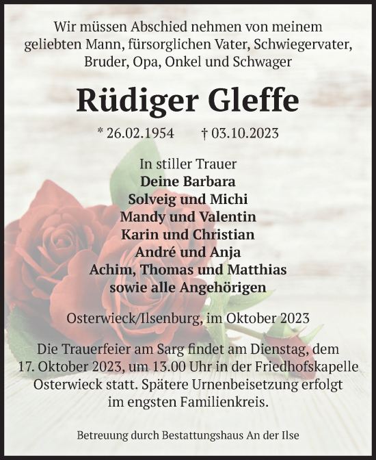 Traueranzeige von Rüdiger Gleffe von Volksstimme Halberstadt