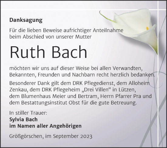 Traueranzeige von Ruth Bach von Trauerkombi Weißenfels
