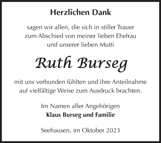 Traueranzeige von Ruth Burseg von Volksstimme Altmark Ost