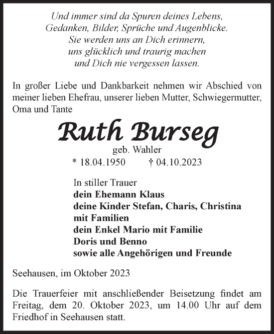 Traueranzeige von Ruth Burseg von Volksstimme Altmark Ost