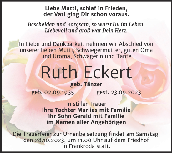 Traueranzeige von Ruth Eckert von Naumburger Tageblatt