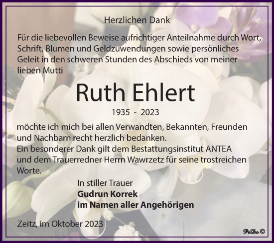 Traueranzeige von Ruth Ehlert von Trauerkombi Zeitz
