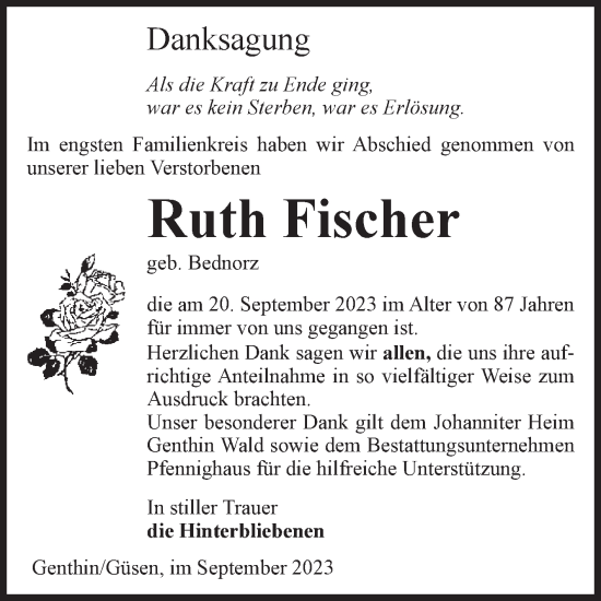 Traueranzeige von Ruth Fischer von Volksstimme Burg/Genthin
