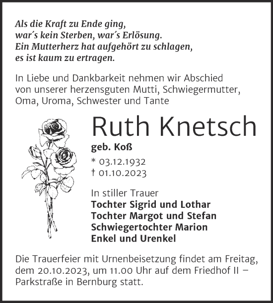 Traueranzeige von Ruth Knetsch von Trauerkombi Bernburg