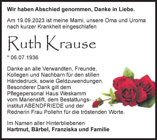 Traueranzeige von Ruth Krause von Volksstimme Magdeburg