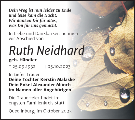Traueranzeige von Ruth Neidhard von Trauerkombi Quedlinburg
