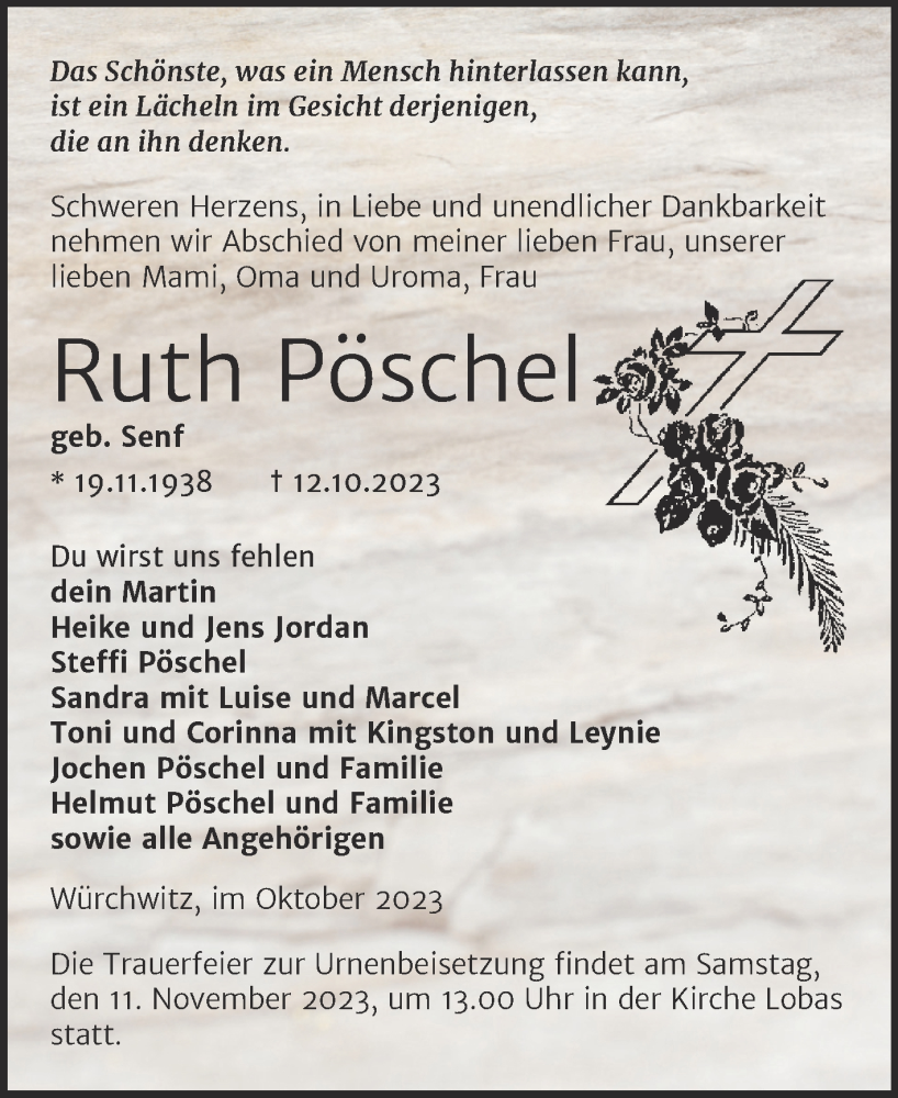  Traueranzeige für Ruth Pöschel vom 21.10.2023 aus Trauerkombi Zeitz