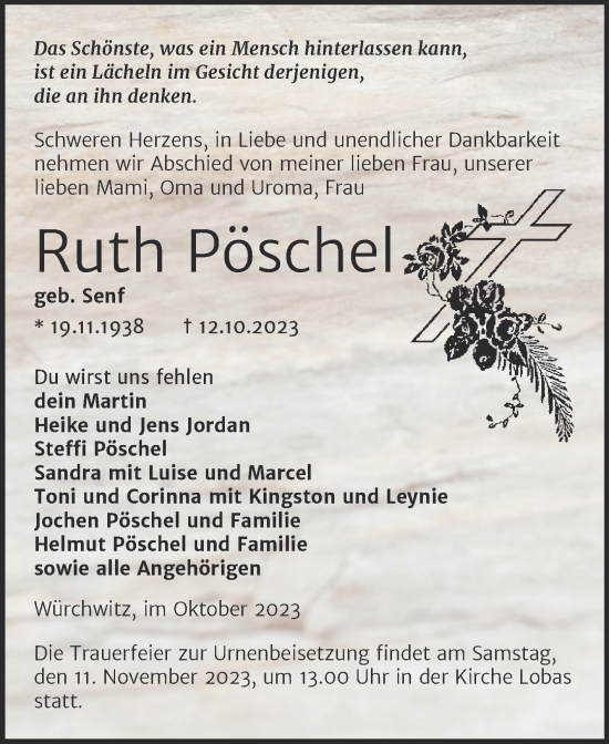 Traueranzeige von Ruth Pöschel von Trauerkombi Zeitz
