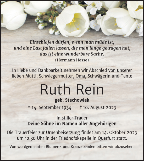 Traueranzeige von Ruth Rein von Trauerkombi Merseburg