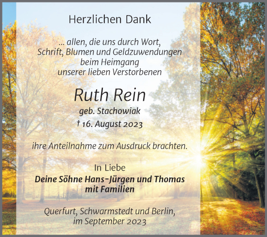 Traueranzeige von Ruth Rein von Trauerkombi Merseburg