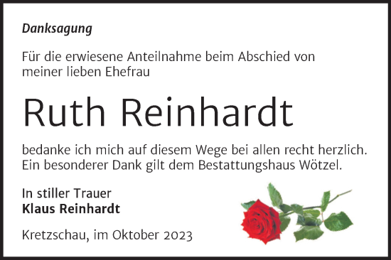 Traueranzeige von Ruth Reinhardt von Trauerkombi Zeitz