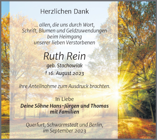 Traueranzeige von Ruth Rein Rein von Trauerkombi Merseburg