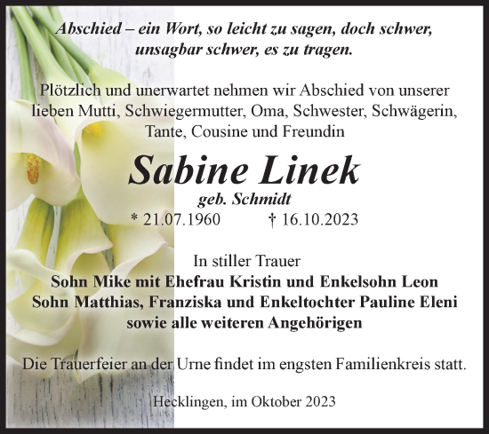 Traueranzeige von Sabine Linek von Volksstimme Staßfurt