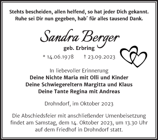 Traueranzeige von Sandra Berger von Trauerkombi Aschersleben