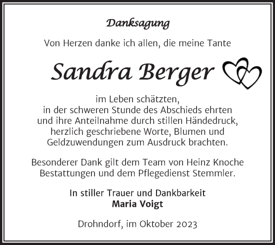 Traueranzeige von Sandra Berger von Trauerkombi Aschersleben