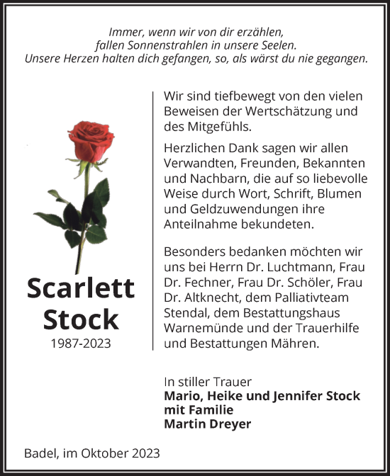 Traueranzeige von Scarlett Stock von Volksstimme Altmark West